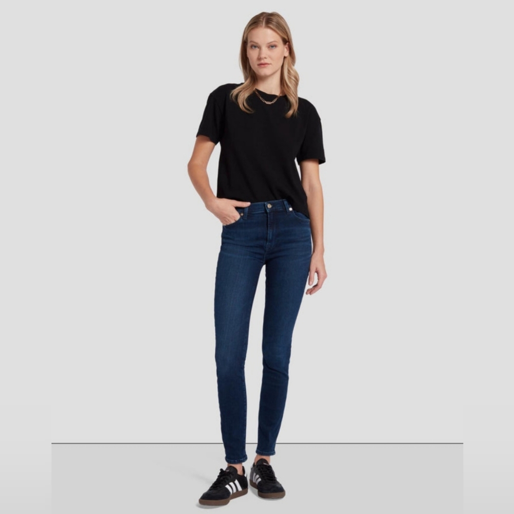 NWOT 7 For All Mankind Mid Rise Dark Blue Wash Stretch Cotton The Skinny Jean 29